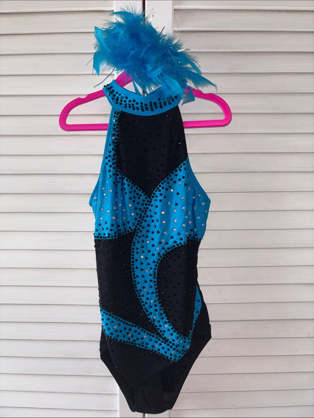 Glamour Black & Teal Dance Costume with Feather Headpiece LC
